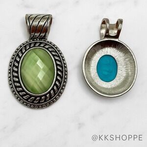 Oval Pendant Necklace Green Gemstone Silver Tone Estate Style Women